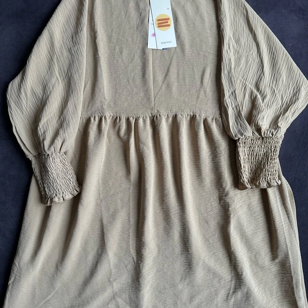 Dokotoo Tan Women’s Dress with Cuffed Sleeves - Picture 2 of 5